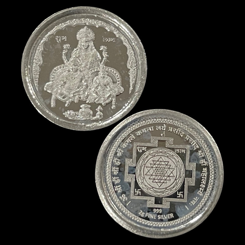 999 Pure Silver Lakshmi / Kuber & Shree Yantram 2 Gram Coins (Pack of 10 Coins)-Figurine