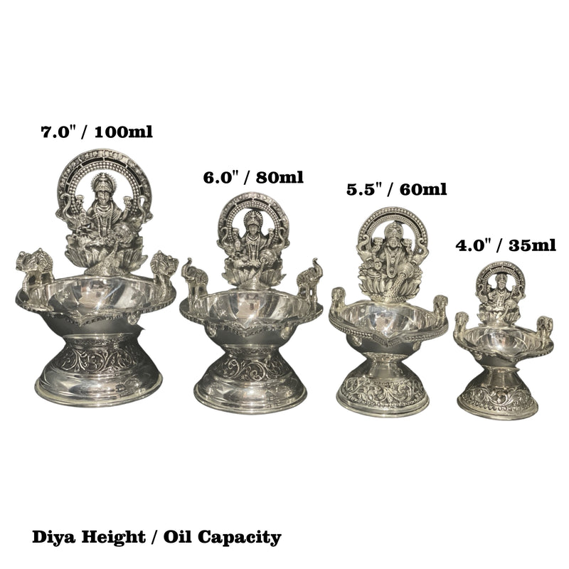 925 Sterling Silver Hallmarked Antique Style Lakshmi / Kamakshi Solid BIG Deepak (Diya) -