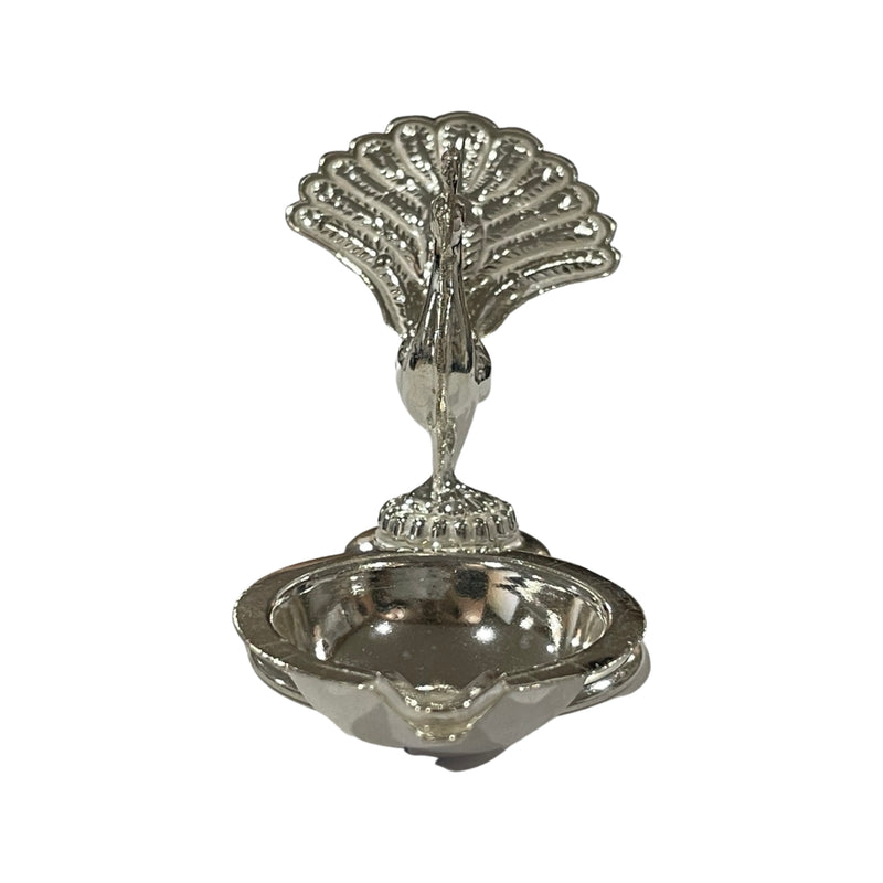 925 Sterling Silver Peacock Incense Stick Holder & Diya Combo - Style