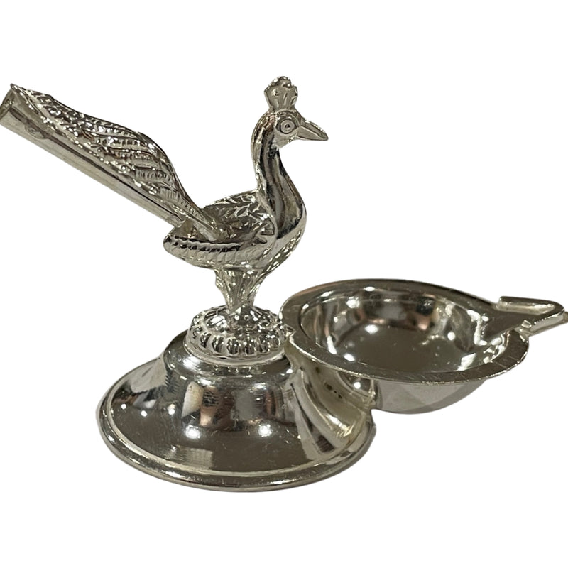 925 Sterling Silver Peacock Incense Stick Holder & Diya Combo - Style