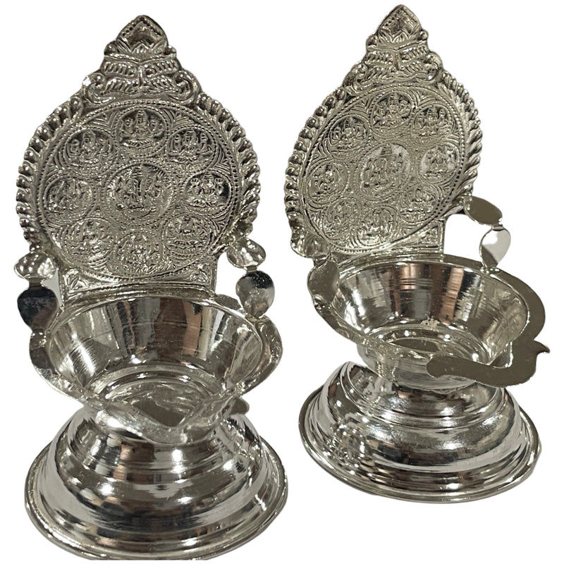 925 Sterling Silver Hallmarked 4.0 Inch Ashta Lakshmi / Kamakshi Deepak (Diya) Pair