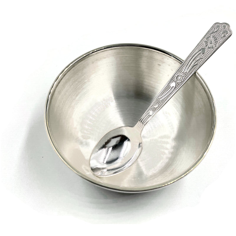 999 Pure Silver Hallmarked 3.5 inch Bowl & Spoon for Kids - Designer Set