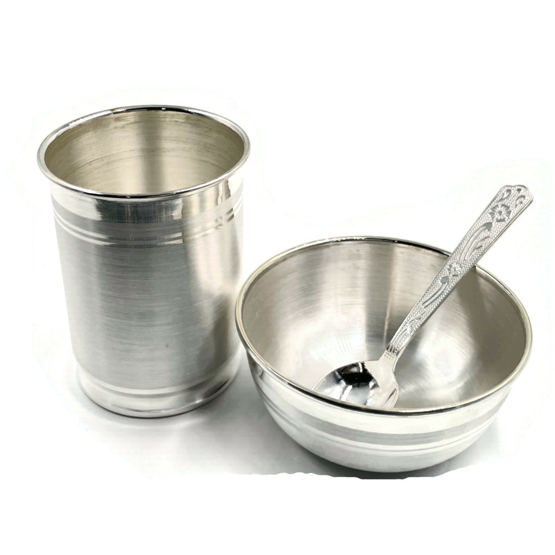 999 Pure Silver Hallmarked 3.5 inch Glass Bowl & Spoon for Kids - Designer Set