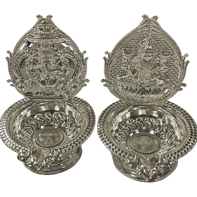 925 Sterling Silver Hallmarked Handcrafted 2.75 inch Lakshmi & Ganesha Deepak (Diya) Pair