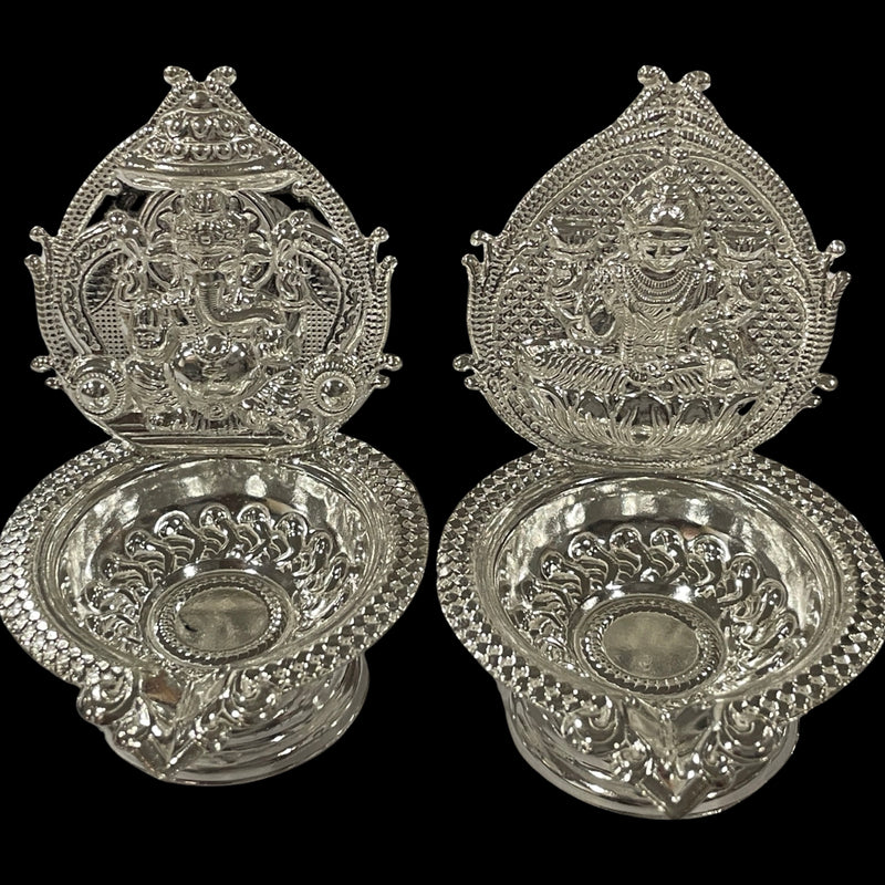 925 Sterling Silver Hallmarked Handcrafted 2.75 inch Lakshmi & Ganesha Deepak (Diya) Pair