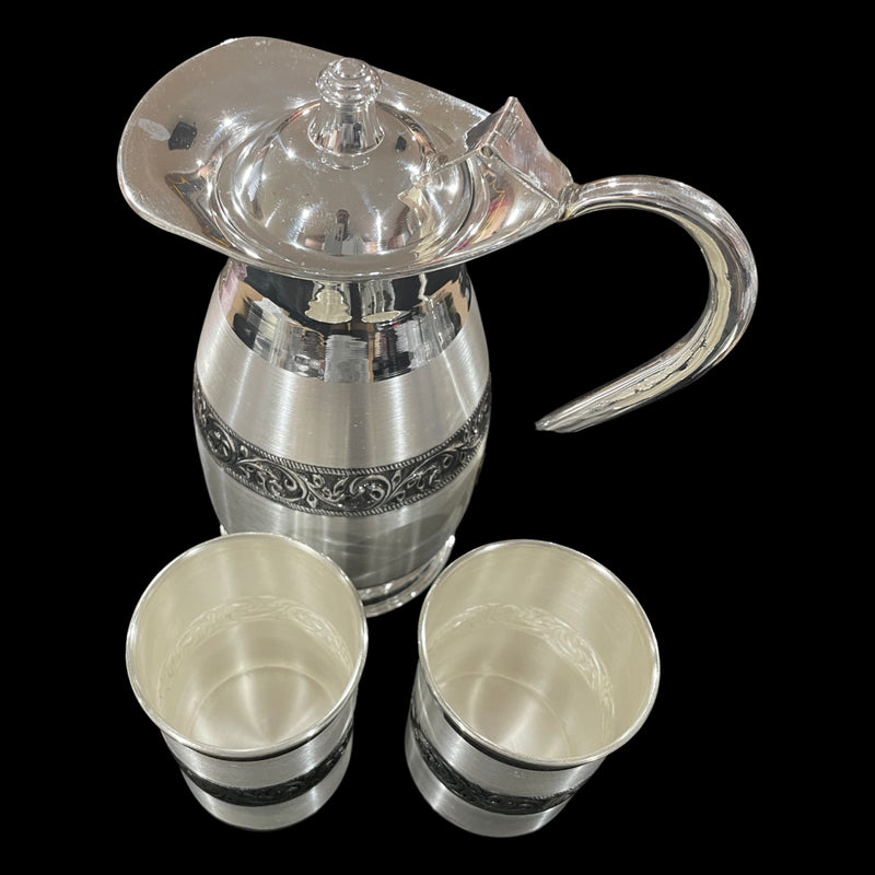 999 Pure Silver Hallmarked Designer 8.0 inch Water Jug / Pitcher & Two Glass Set