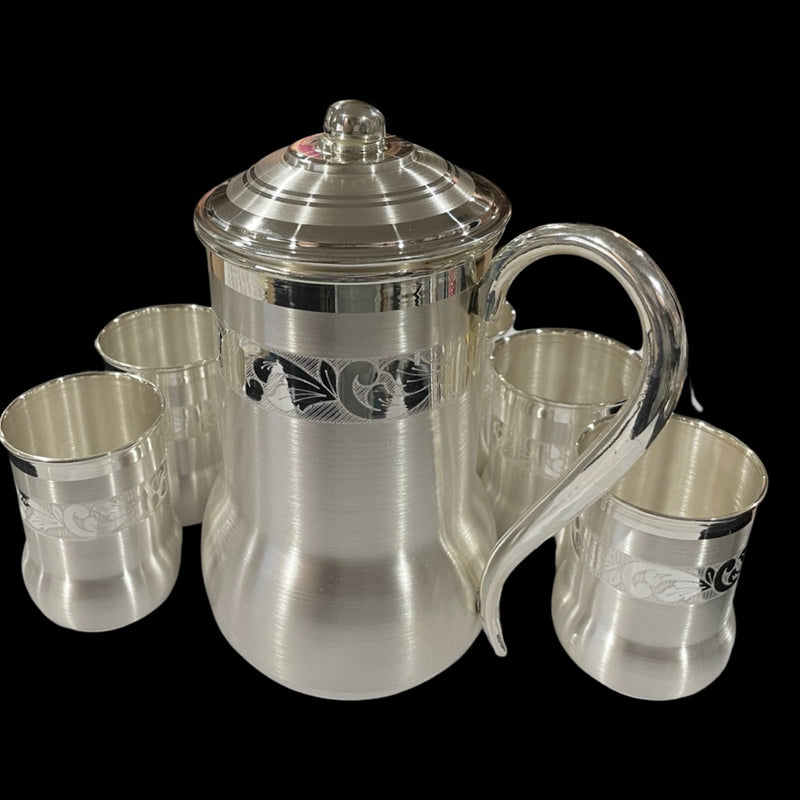 999 Pure Silver Hallmarked Designer 8.0 inch Water Jug / Pitcher & Four Glass Set