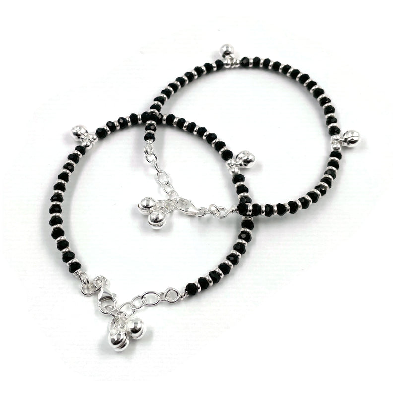 925 Sterling Silver Kids Black Beads Anklet - Style