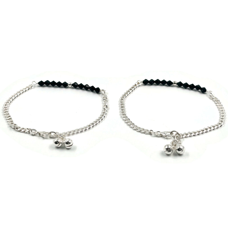 925 Sterling Silver Curb Chain Black Beads Anklet  - Style