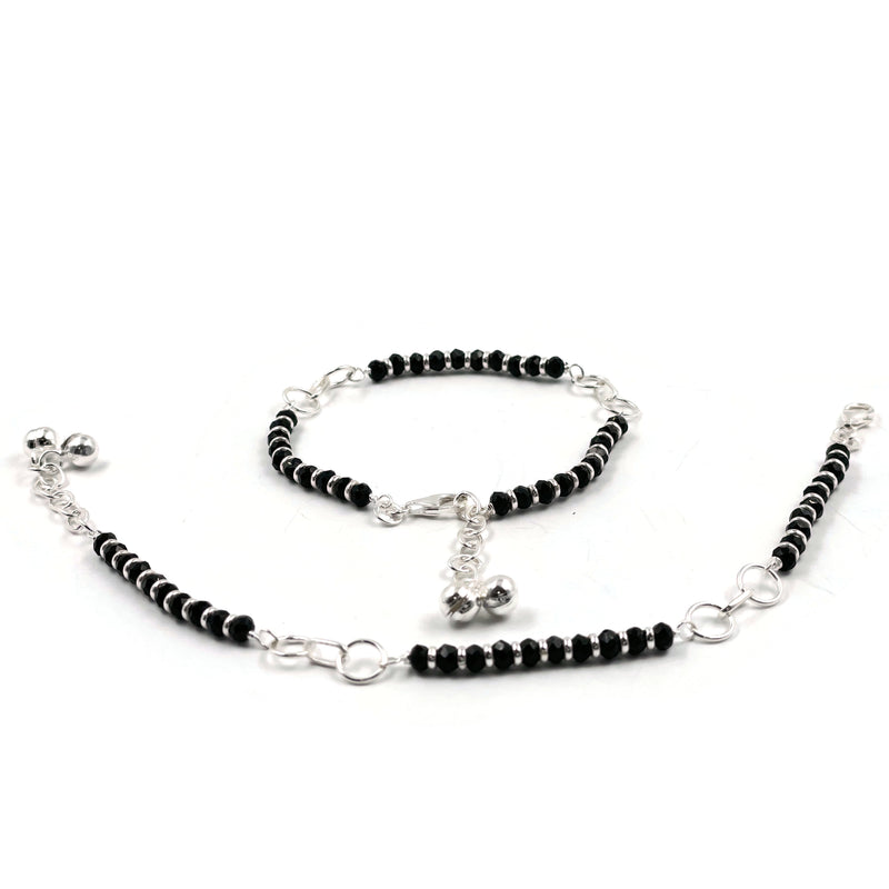 925 Sterling Silver Link Chain Black Beads Anklet  - Style