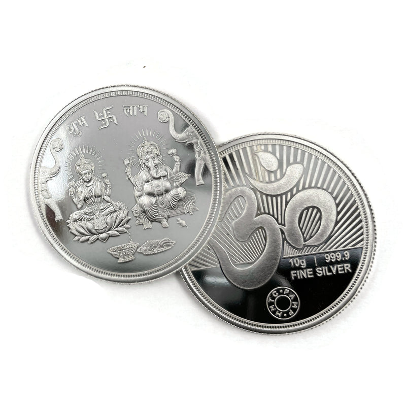 999 Pure Silver Ganesha Lakshmi MMTC Certified 10 Gram Coins (Pack of 10 Coins)