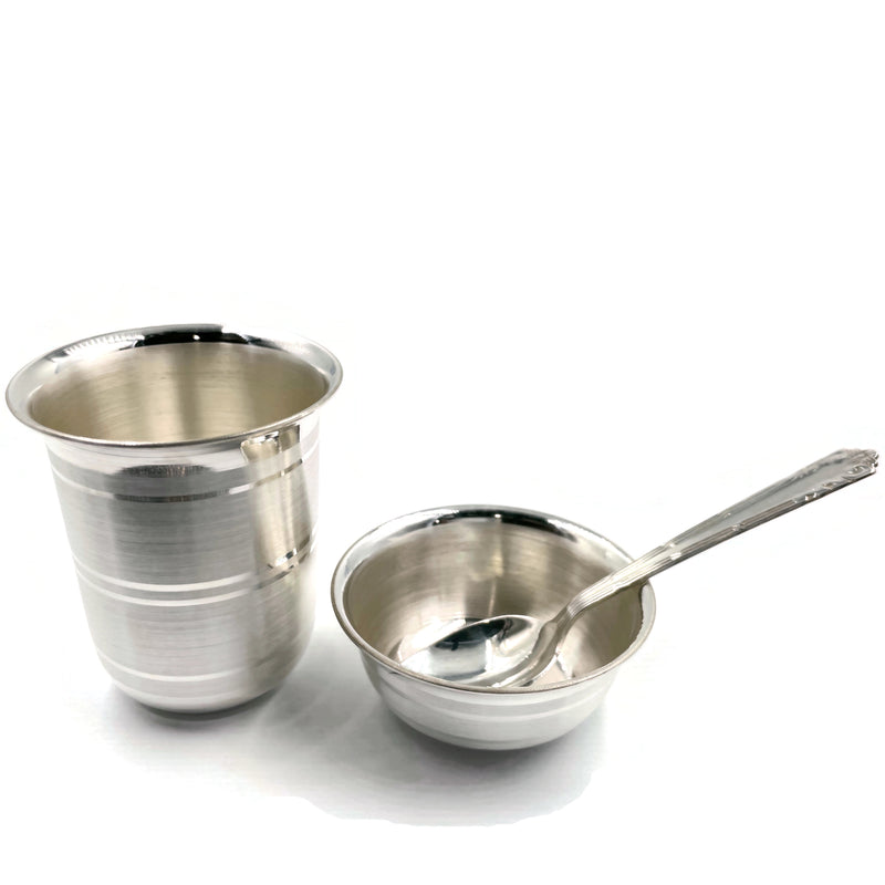 999 Pure Silver 2.5 Inch Glass , 2.5 inch Bowl & Spoon for Kids - 2.5-inch Set