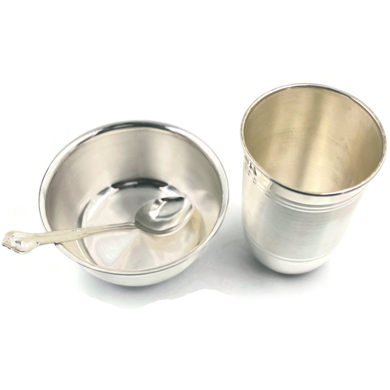 999 Pure Silver 4.0 Inch Glass, 4.3 Inch Bowl & Spoon - 4.0-inch Set